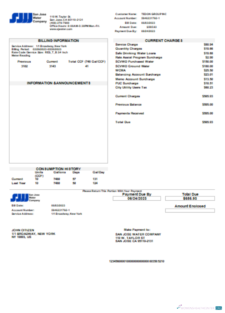 Download San Jose Water utility business bill, SCR Photoshop template